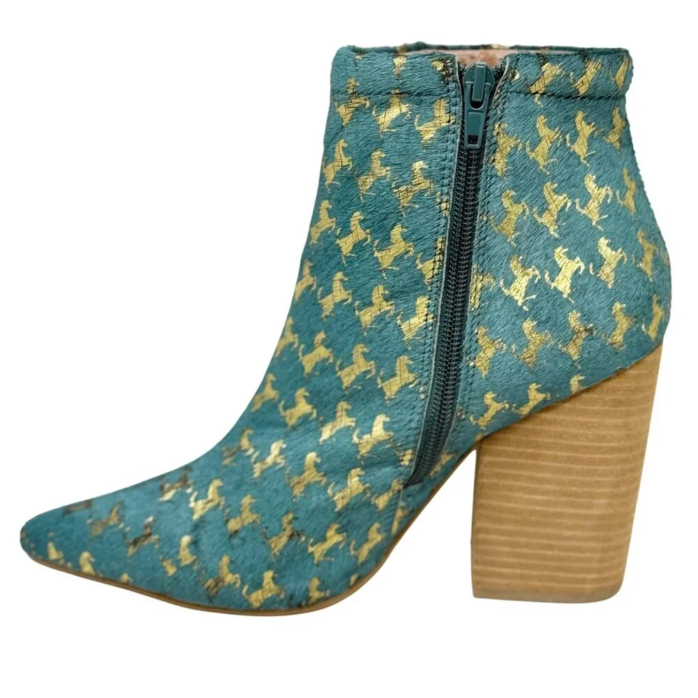 Jeffery Campbell Handmade Teal &‎ Gold Horse Houndstooth Ankle Boots 8.5M
